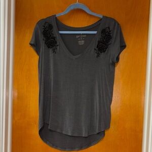 American Eagle Outfitters Dark Gray Embroidered Blouse